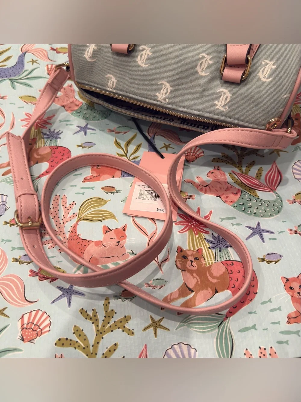 Juicy Couture Denim Purse w Long Strap & White Gothic Lettering w Pink Details